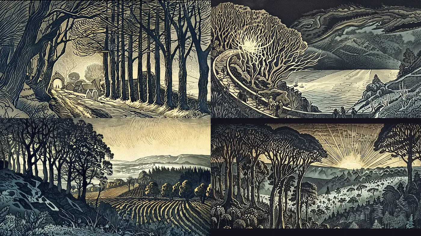 Ethereal Engraved Landscapes: A Study in Monochromatic Serenity - Midjourney sref style