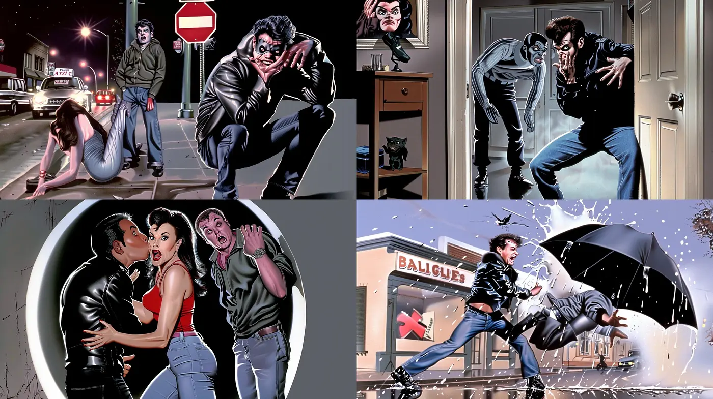 Dynamic Nostalgia in Graphic Novel Style: Intense Emotions and Action-Packed Drama - Midjourney sref style
