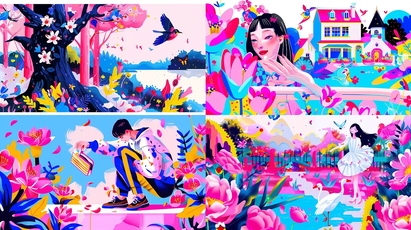 Enchanting Blossom Dreamscape: A Vibrant Mixture of Nature and Whimsy - Midjourney sref style