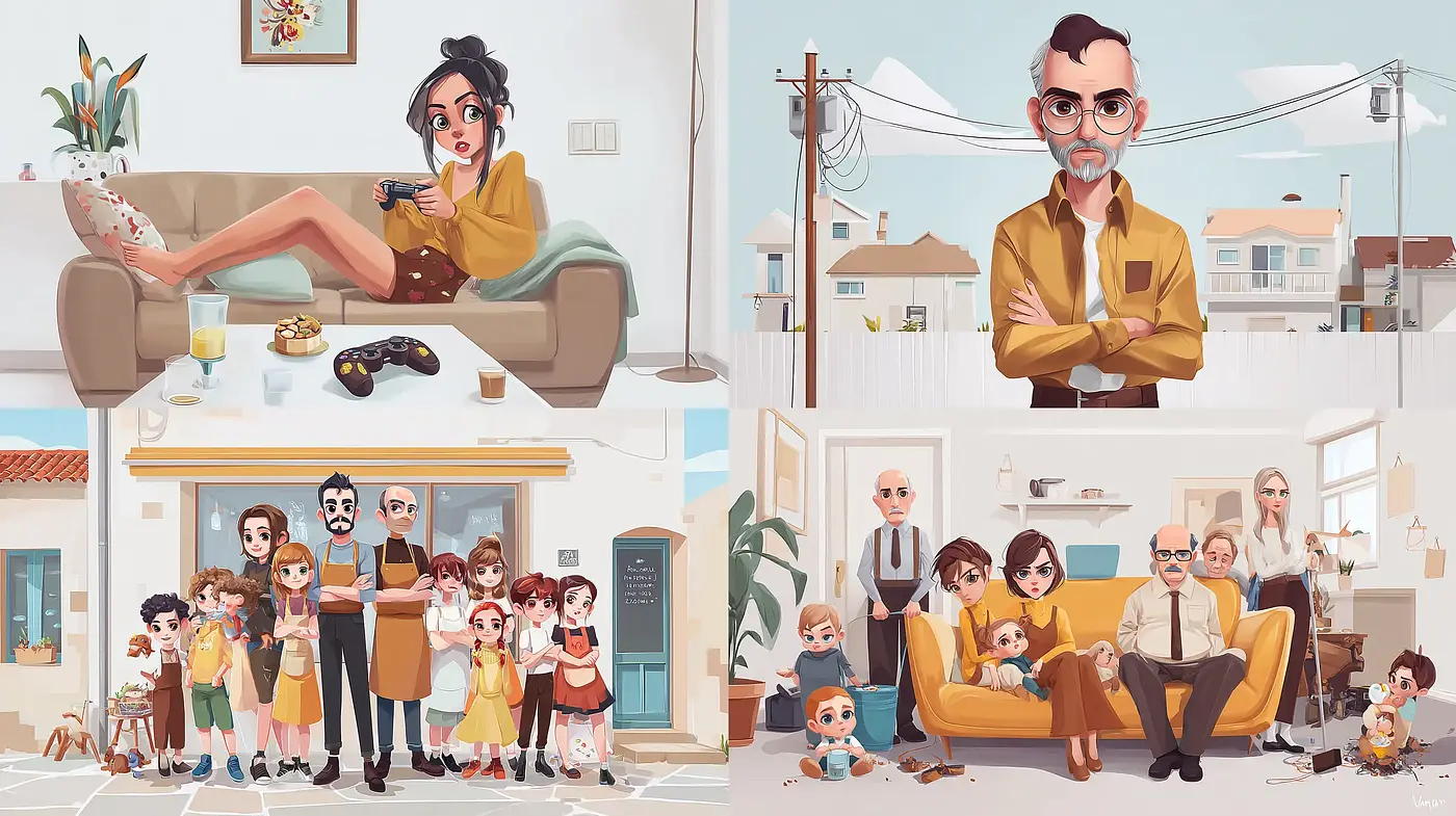 Charming and Whimsical Family Dynamics in a Colorful World - Midjourney sref style