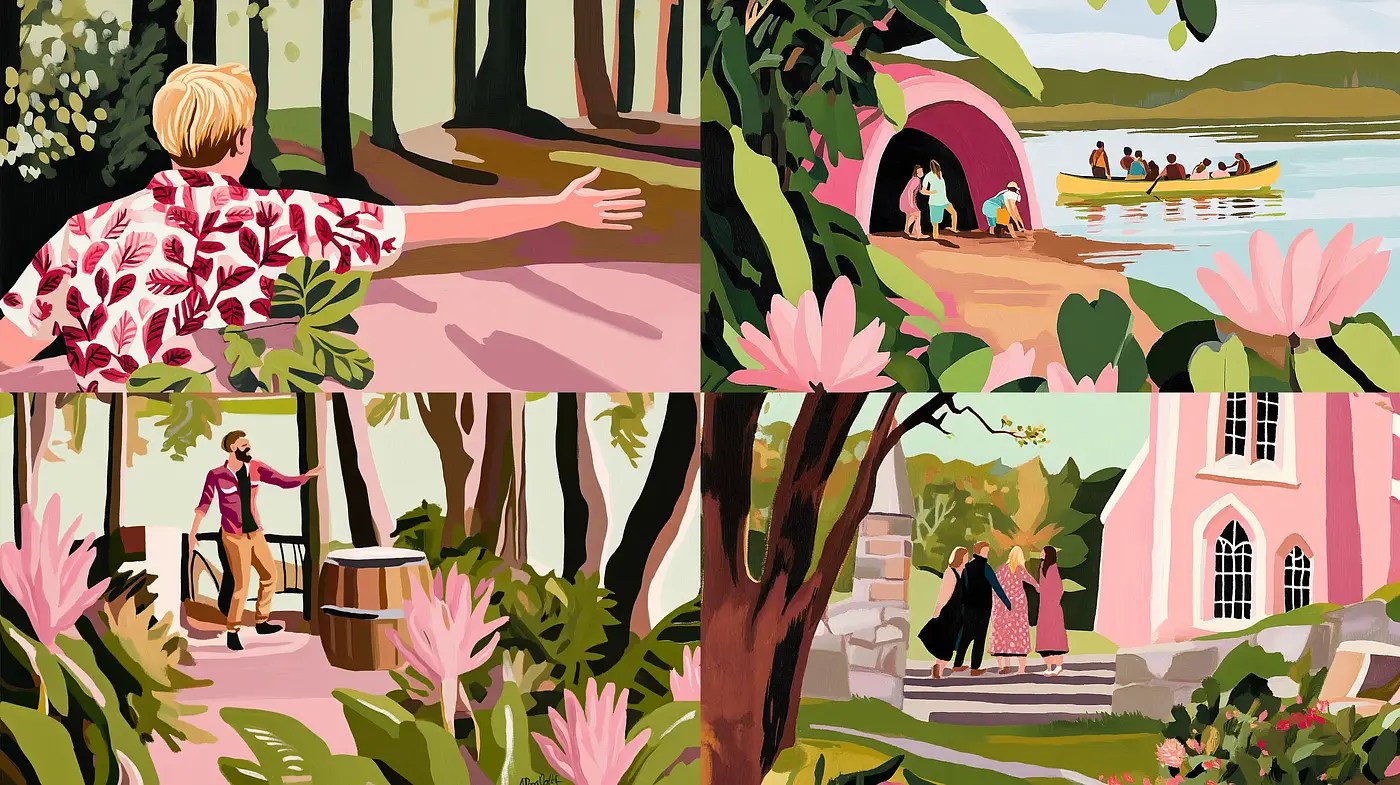 Pastoral Serenity: A Harmonious Blend of Nature and Human Activities in a Stylized Illustrative Manner - Midjourney sref style