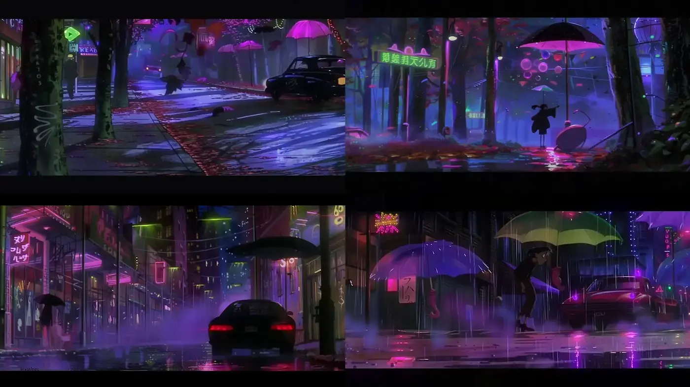 A Neon Rainy Urban Landscape with Surreal Elements - Midjourney sref style