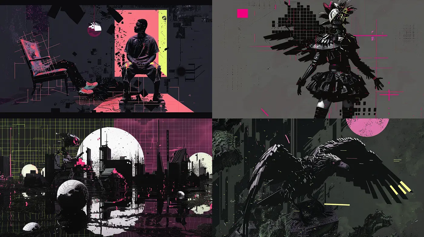 Cyberpunk Reverie: High Contrast Neon Noir with Pixel Art Influence - Midjourney sref style