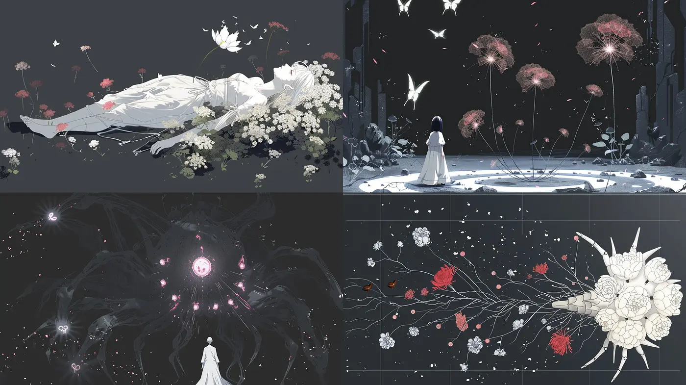 Ethereal Nocturne: A Study in Monochrome Elegance with Vivid Accents - Midjourney sref style