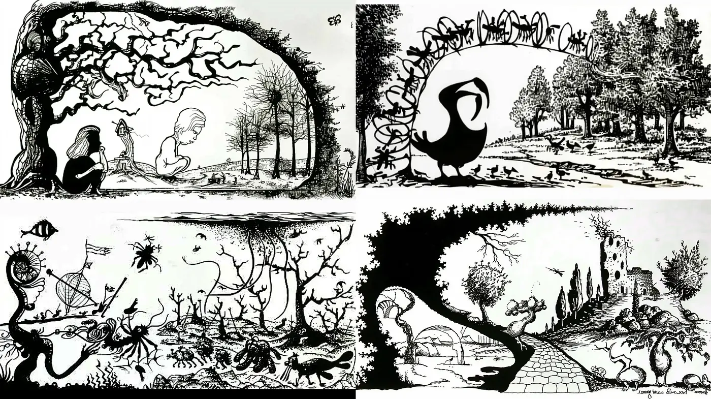 Whimsical Inkscapes Reflecting a Surreal Dreamworld Journey - Midjourney sref style