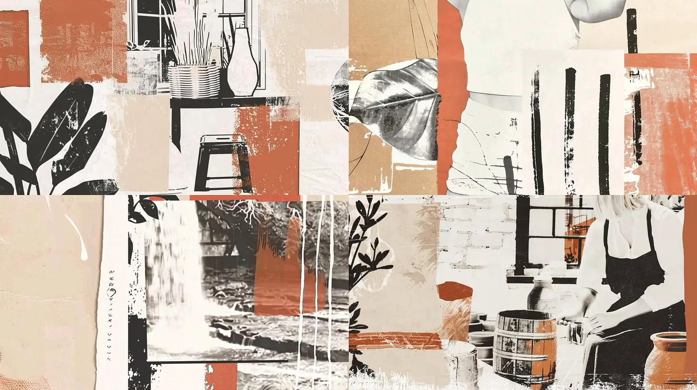 Collage of Warm and Textured Serenity: A Homage to Mid-Century Modern Aesthetics with a Contemporary Twist - Midjourney sref style