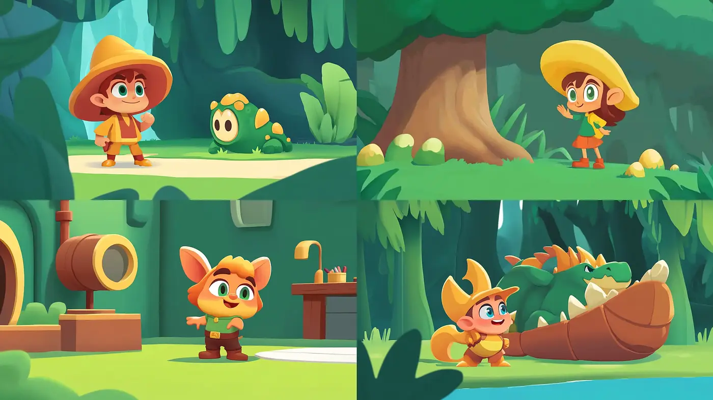 Lush Enchanted Forest Adventures in a Stylized Cartoon Aesthetic - Midjourney sref style