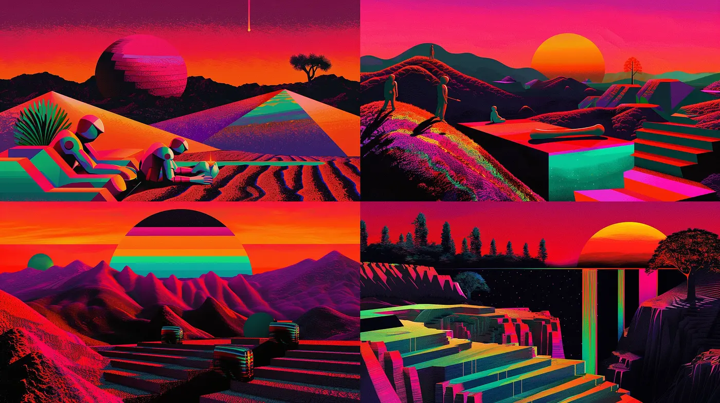 Synesthetic Retro-Futurism: An Exploration of Vivid Landscapes and Textures - Midjourney sref style