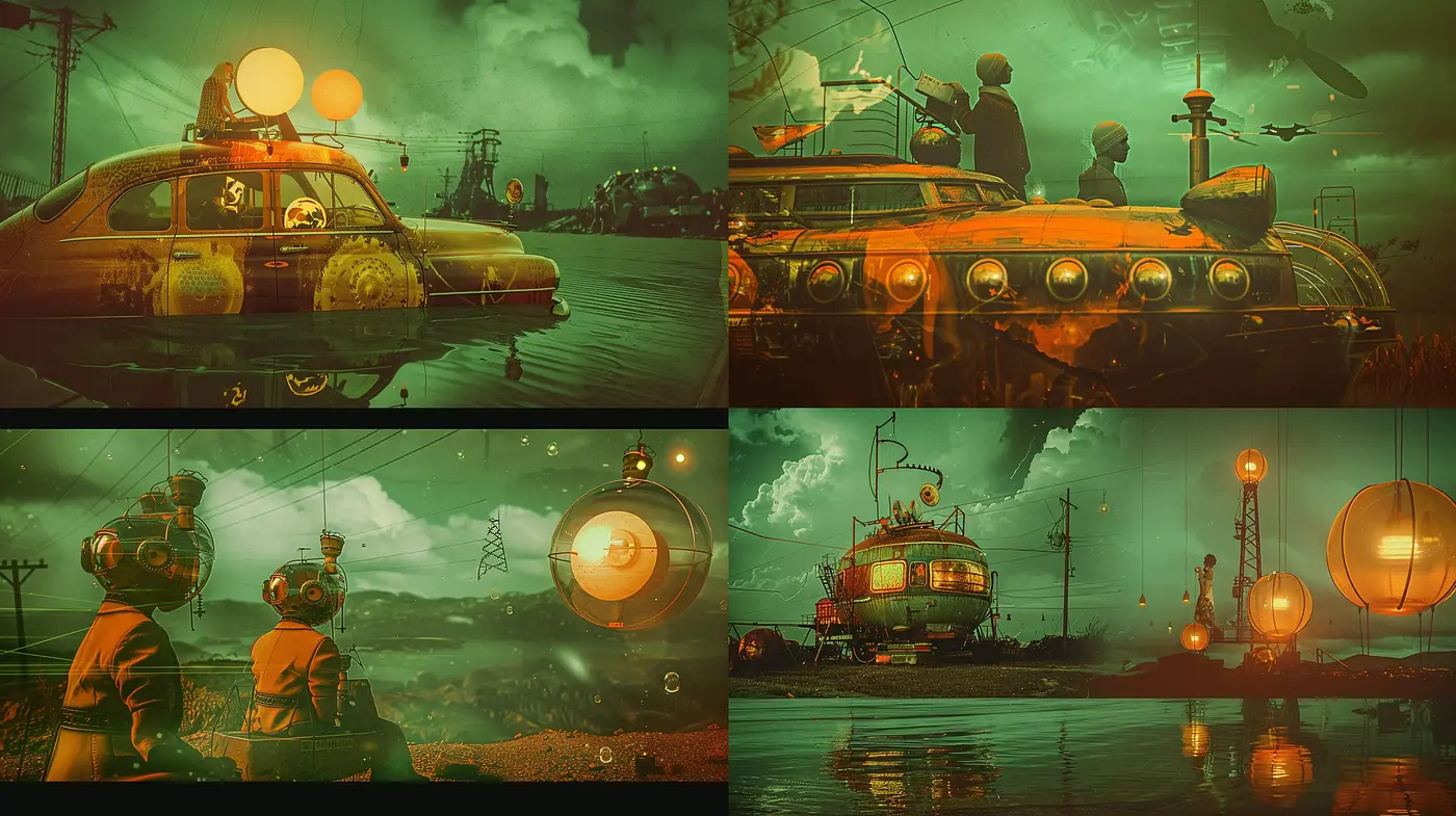 Dystopian Retro-Futurism with a Surreal Twist - Midjourney sref style