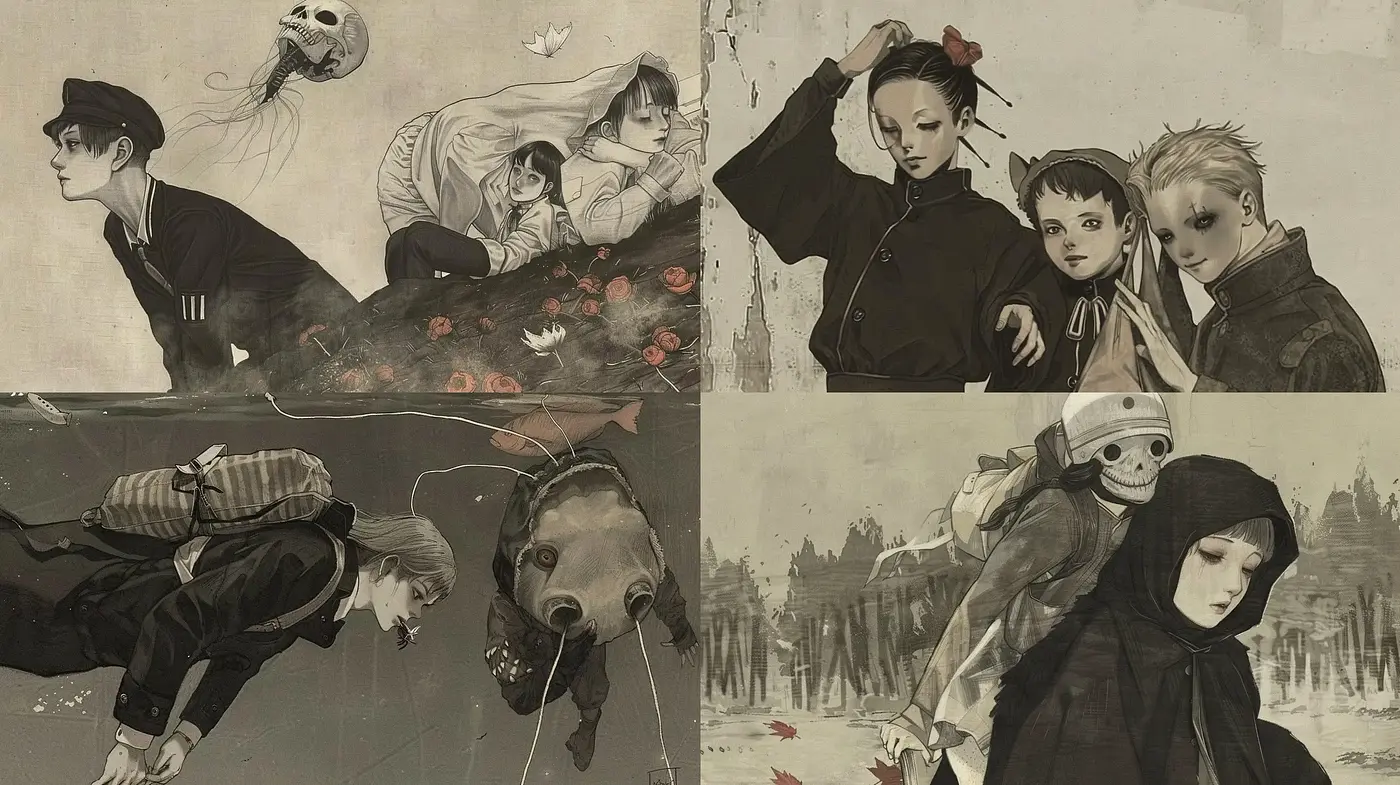 Monochromatic Sepia-Toned Anime Narrative - Midjourney sref style