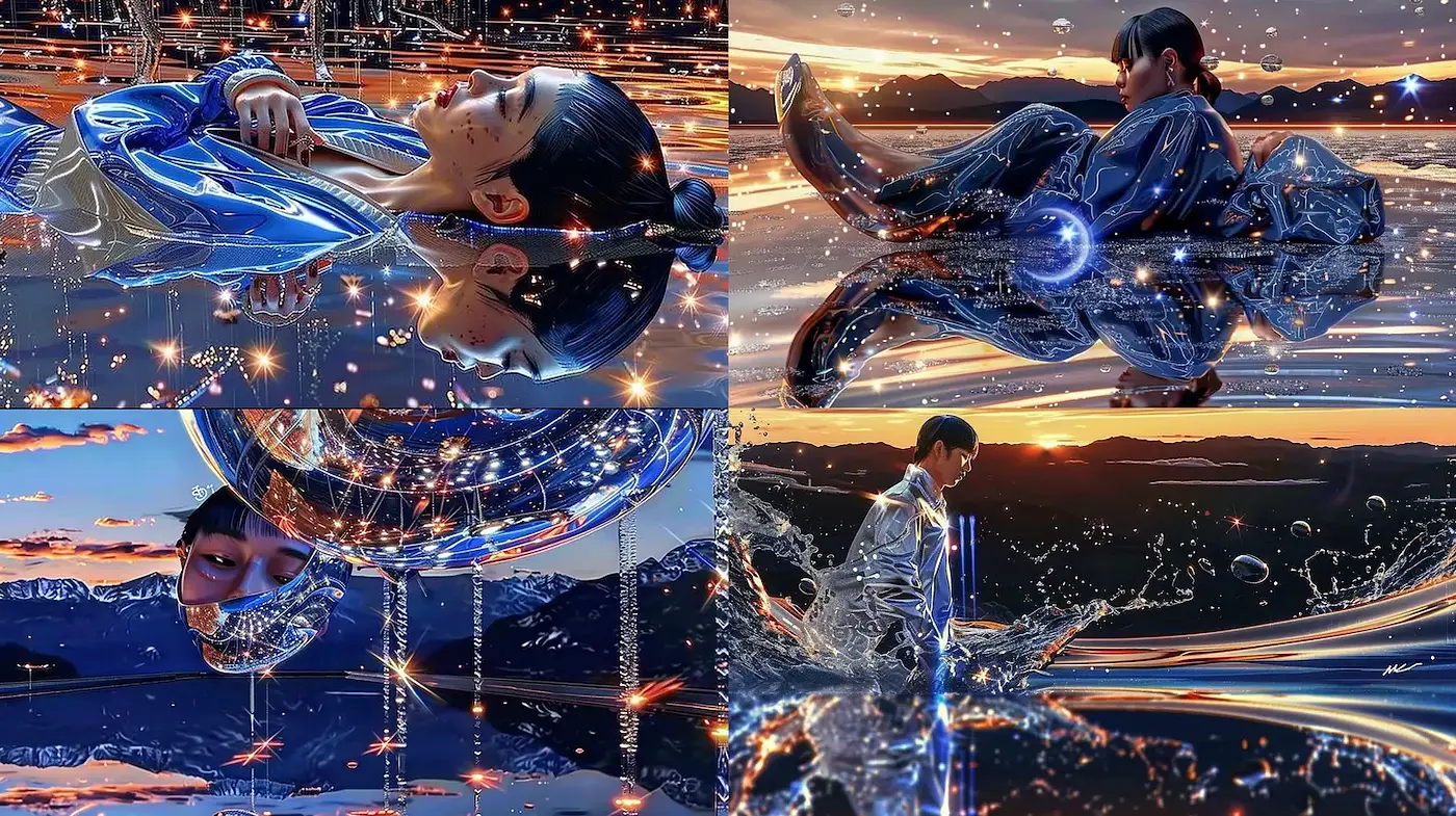Futuristic and Dreamlike Aesthetic with Fluid Reflections - Midjourney sref style