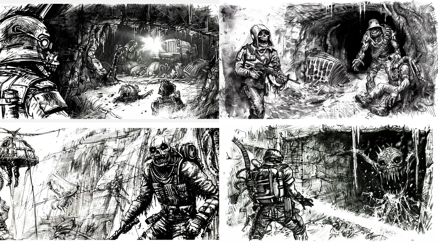 Monochromatic Sci-Fi Sketch Art - Midjourney sref style