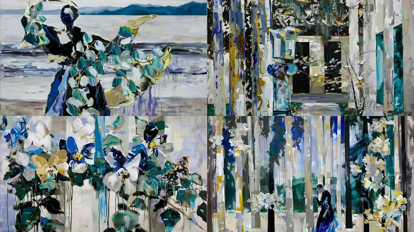 Dynamic Brushstrokes and Abstracted Natural Forms in Monochrome and Verdant Hues - Midjourney sref style