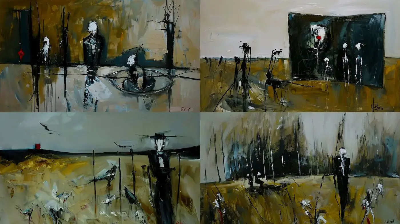 Abstract Expressionist Landscapes with a Dark Tone and Existential Themes - Midjourney sref style