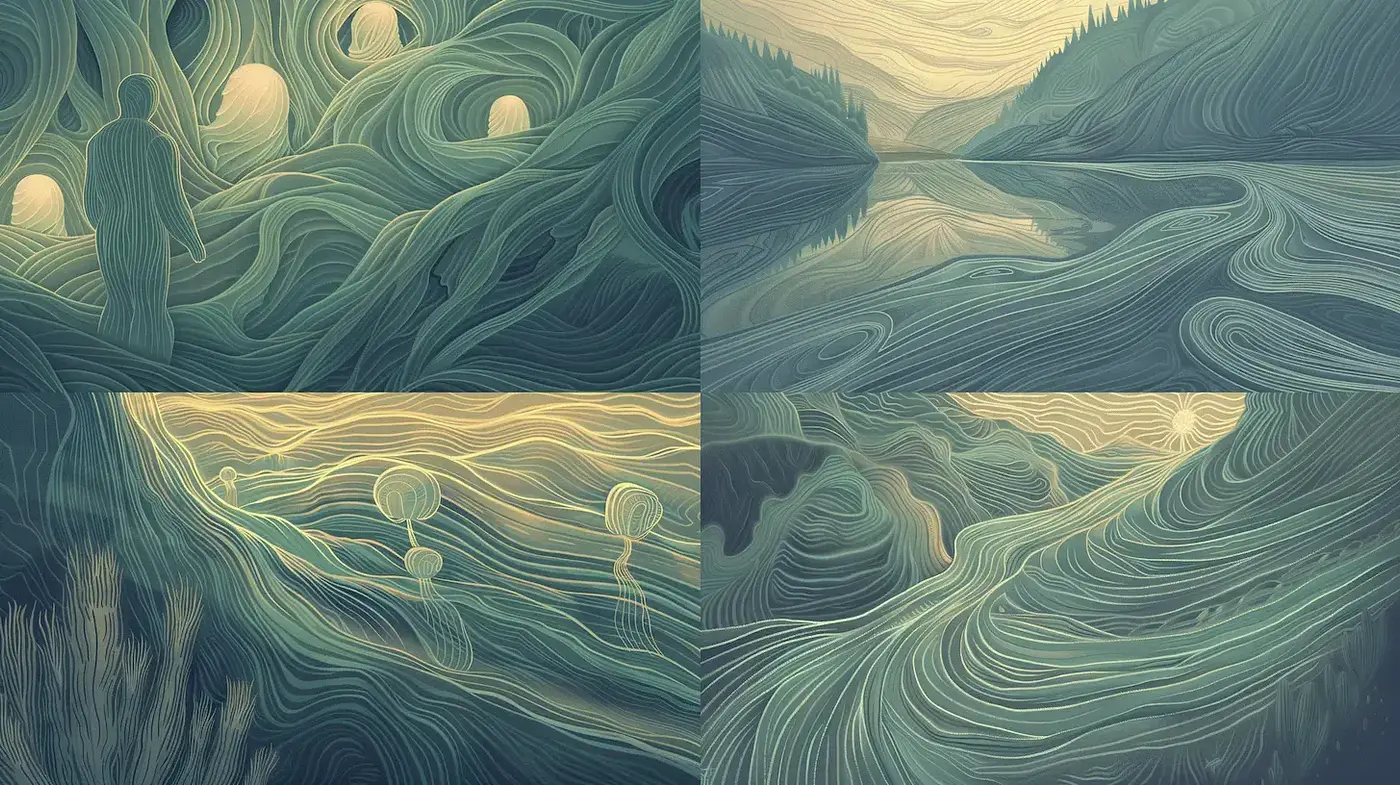 Fluid and Dreamlike Illustrations with Natural Elements - Midjourney sref style