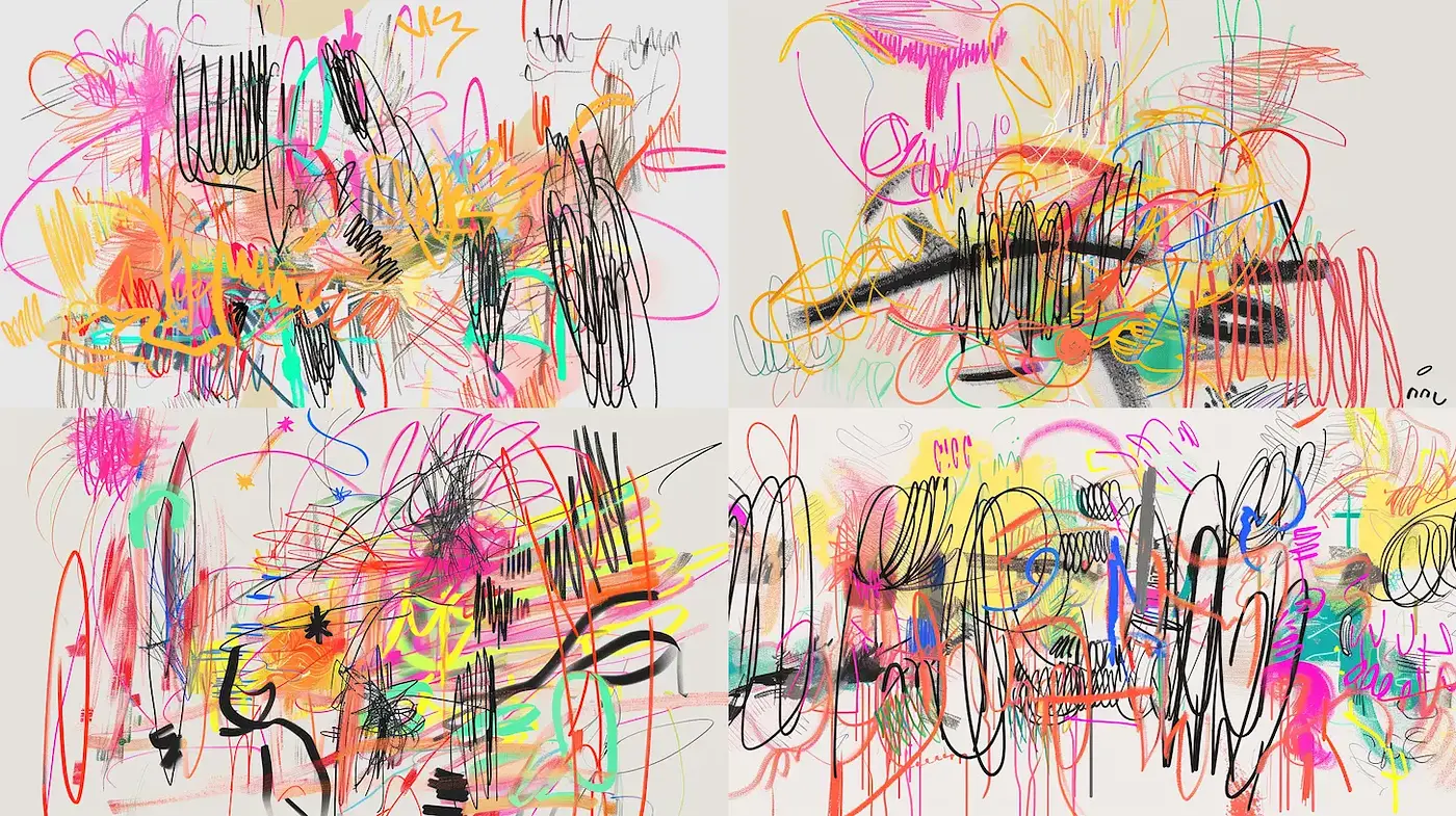 Dynamic and Expressive Abstract Sketches with Vibrant Color Play - Midjourney sref style