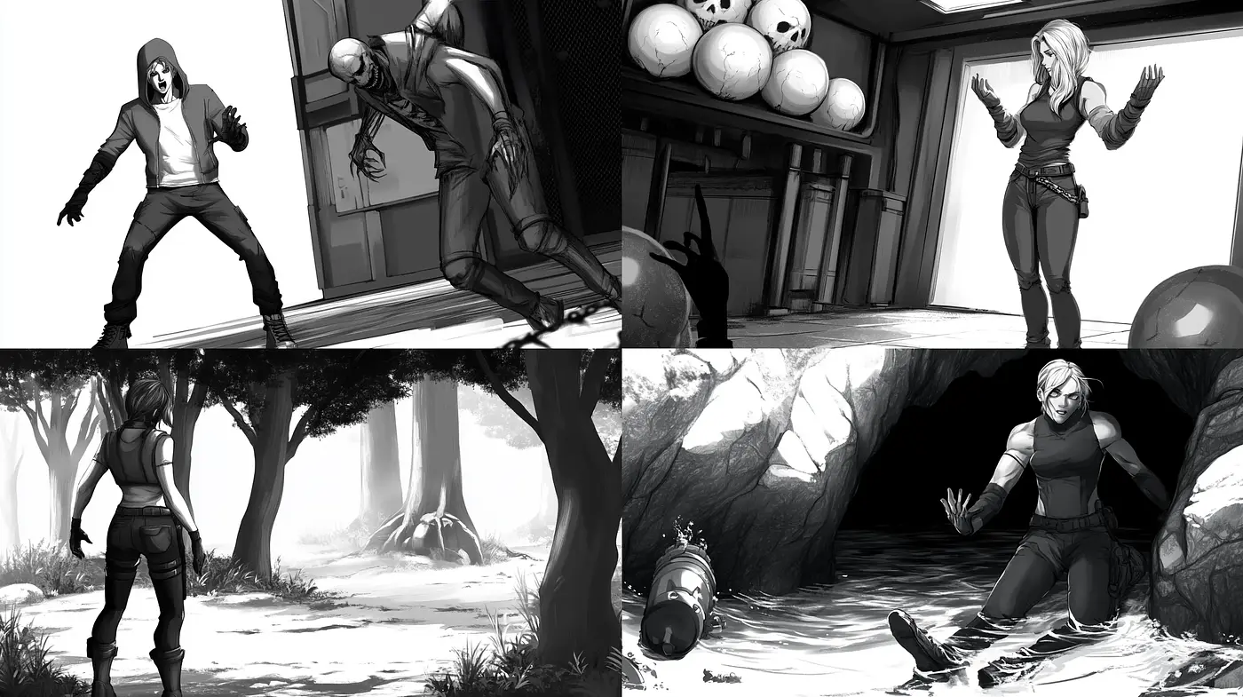 Monochromatic Dynamism: A Study in Grayscale Graphic Novel Visuals - Midjourney sref style