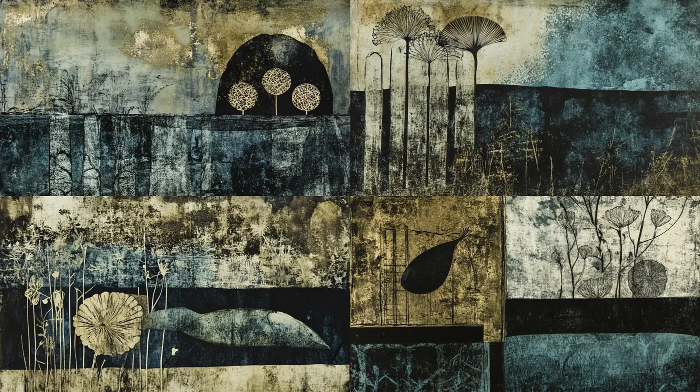 Ethereal Nature Impressions within a Grunge-Inspired Textured Collage - Midjourney sref style