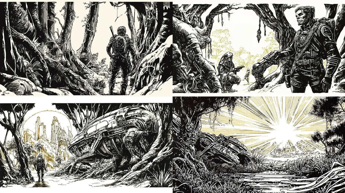 Monochrome Envisioning of Sci-Fi Landscapes and Adventurers - Midjourney sref style