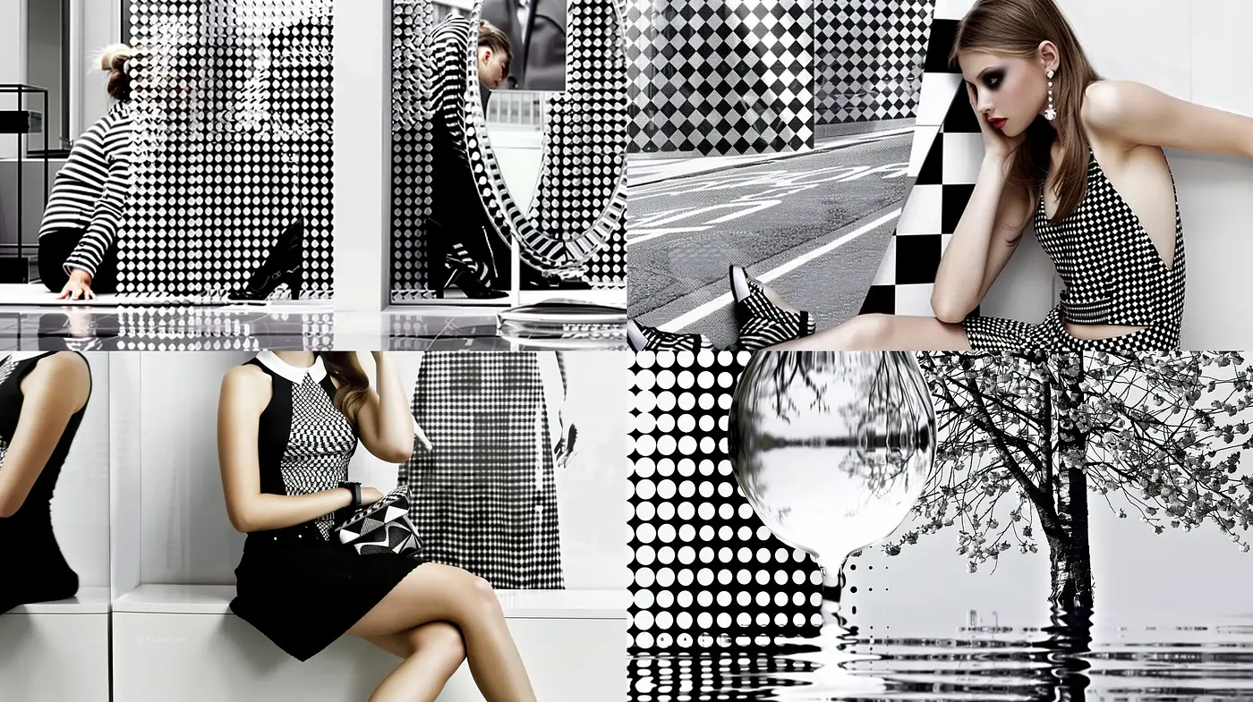Monochromatic Op-Art Meets Modern Fashion Photography - Midjourney sref style