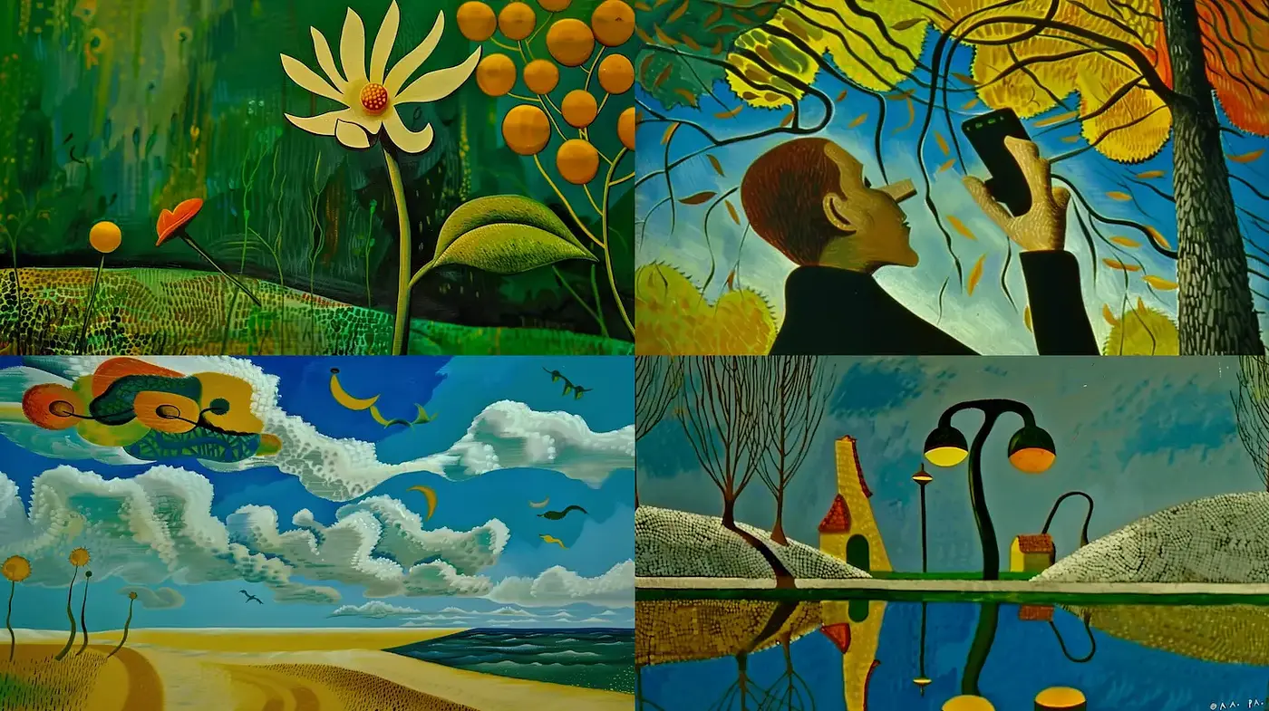 Surrealistic representations with vibrant color contrasts and organic shapes - Midjourney sref style