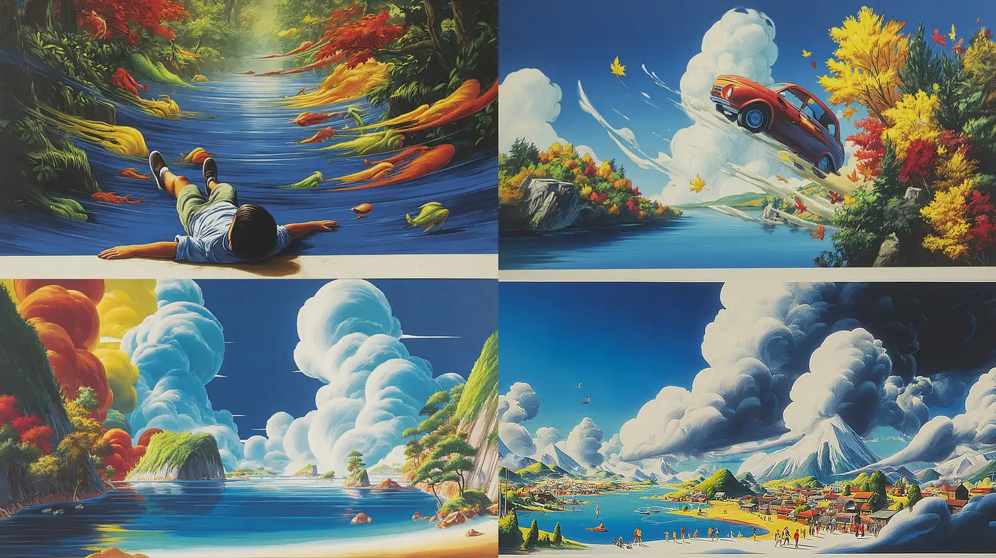 Vibrant, dreamlike landscapes blending realism with whimsical elements - Midjourney sref style
