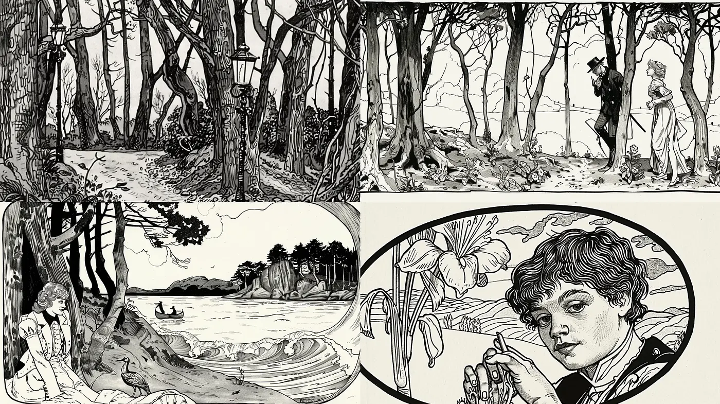 Monochromatic Inkwork with a Touch of Nostalgia and Nature Embrace - Midjourney sref style