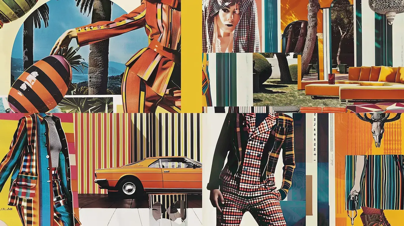 Vibrant collage with retro influences showcasing eclectic patterns and bold colors - Midjourney sref style
