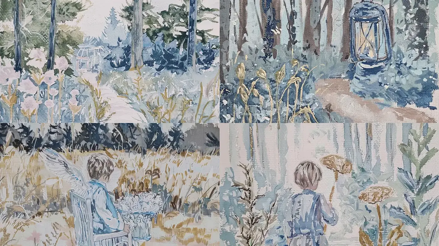 Serene, ethereal impressions of nature with whimsical childhood elements - Midjourney sref style
