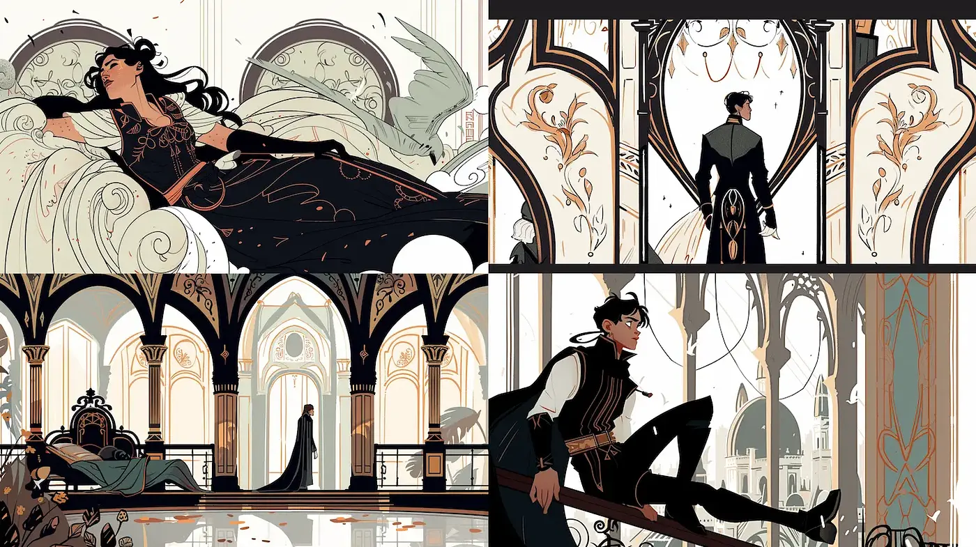Elegant and Dramatic Art Nouveau Inspired Style with Rich Textures - Midjourney sref style