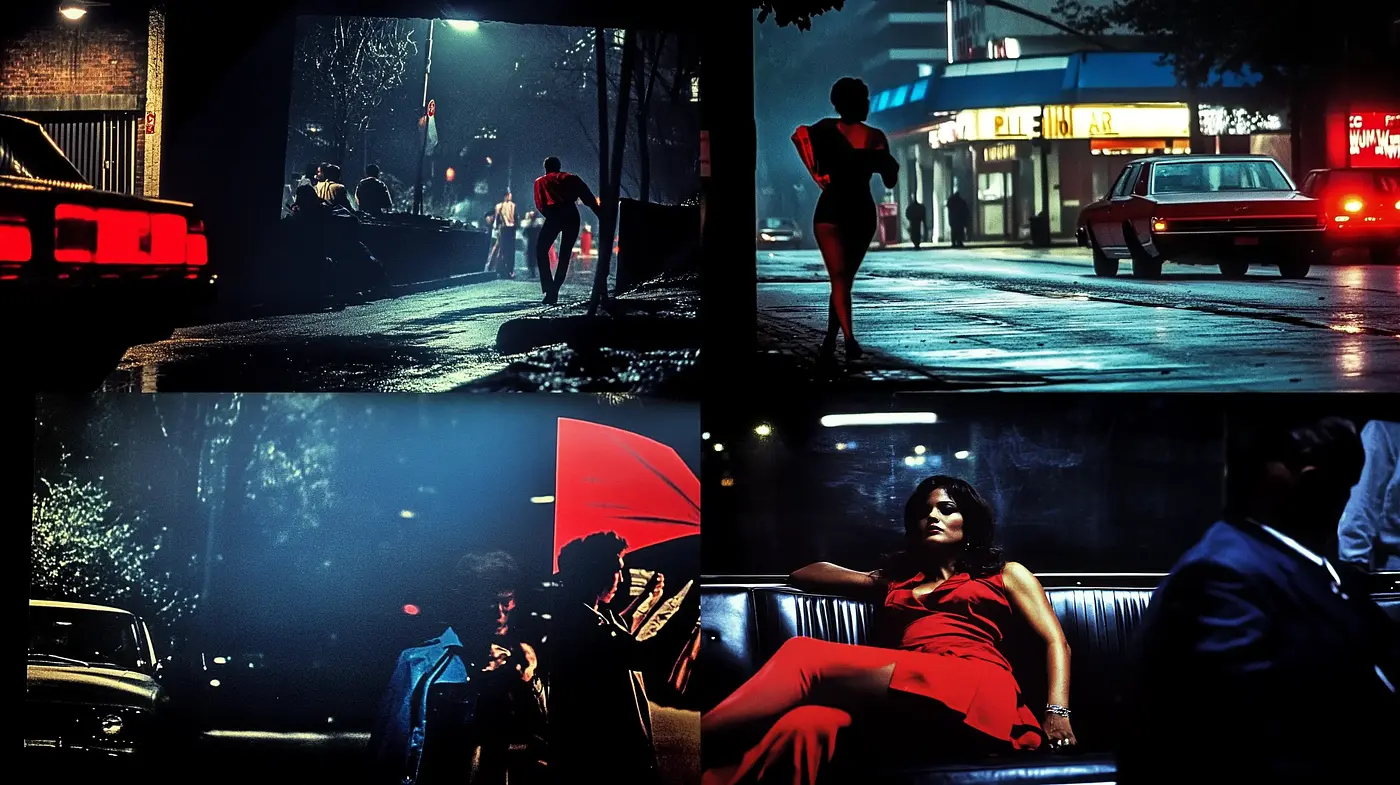 Nocturnal Hues and Cinematic Shadows: Echoes of Neo-Noir Aesthetics - Midjourney sref style