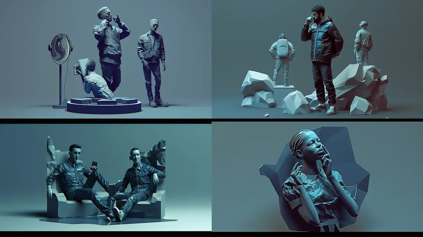 Stylized 3D Characters in a Monochromatic Urban Aesthetic - Midjourney sref style