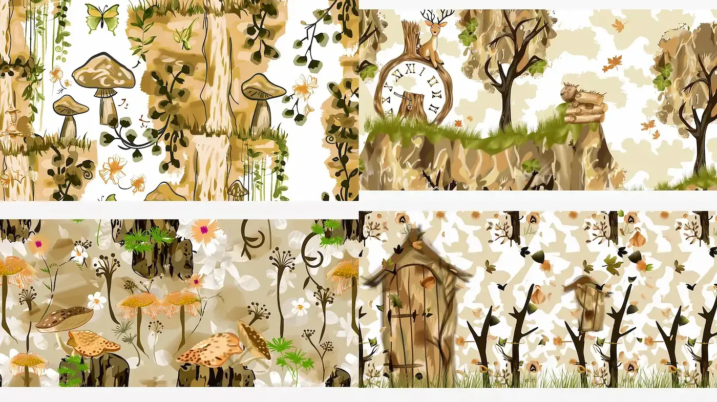 Whimsical Forest Fables: A Tapestry of Earthy Tones and Fanciful Forms - Midjourney sref style
