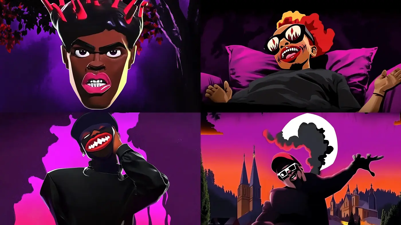 Dynamic Noir Cartoon Fusion with Expressive Characters and Contrasting Hues - Midjourney sref style