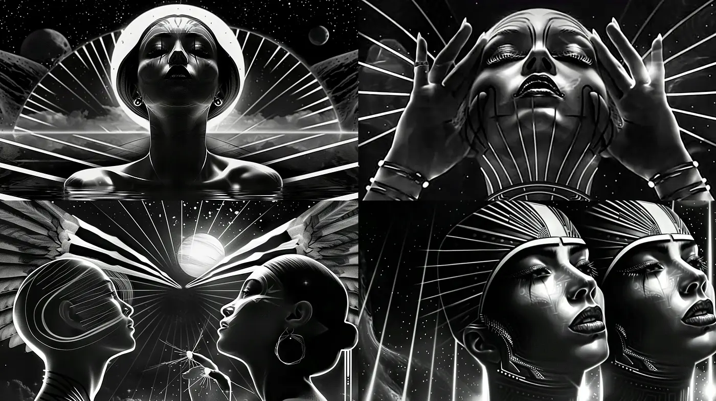 Monochromatic Futurism: A Harmony of Light and Shadow in a Stylized Universe - Midjourney sref style