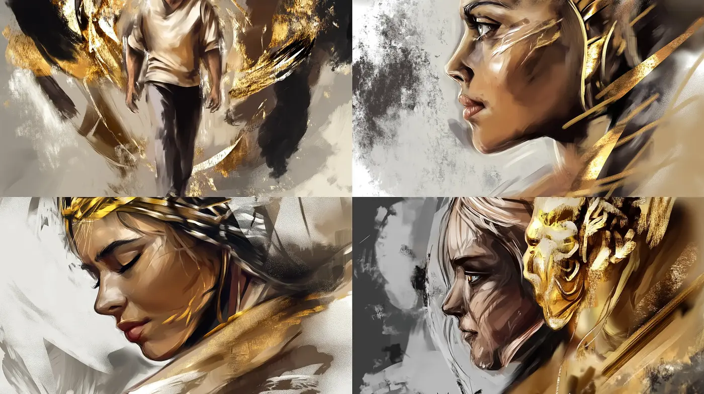 Dynamic Brushwork Portraits with a Luminous Sepia Essence - Midjourney sref style