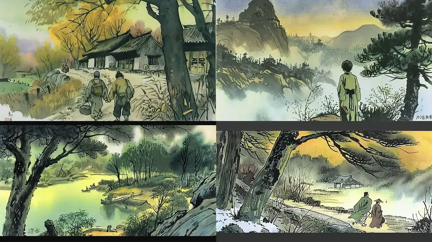 Serene landscapes infused with traditional Asian aesthetics and soft watercolor techniques - Midjourney sref style