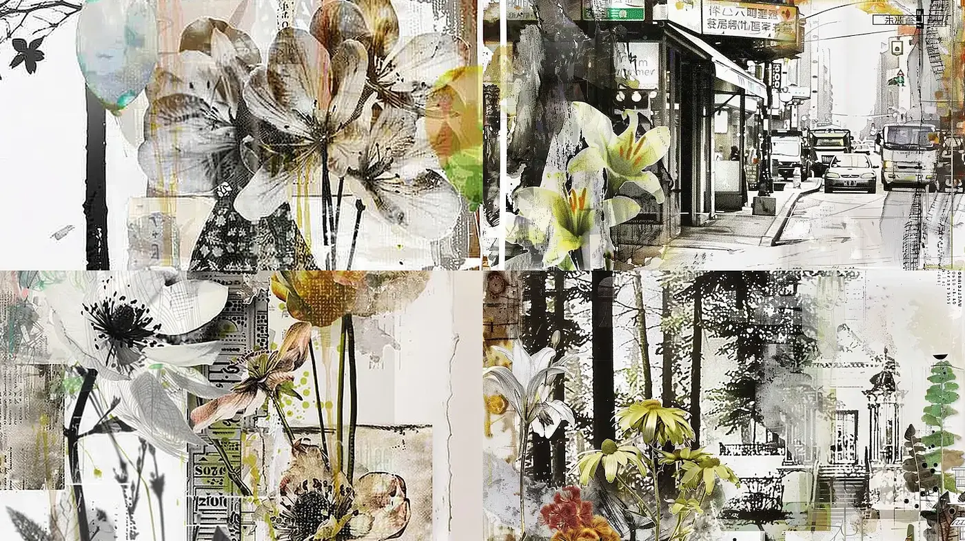 Eclectic Fusion of Urban Landscape and Botanical Elements - Midjourney sref style