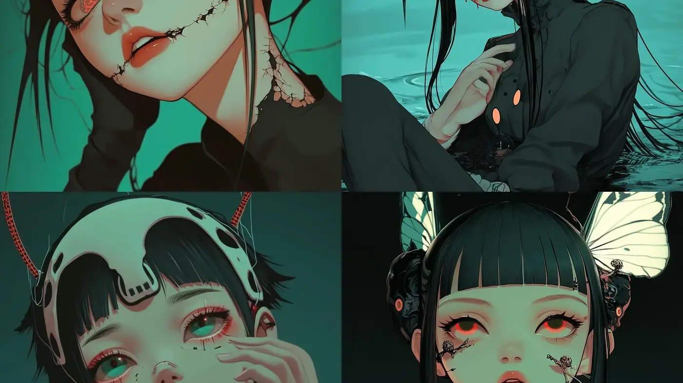 Ethereal Cyan Dreamscape with a Dark Anime Aesthetic - Midjourney sref style