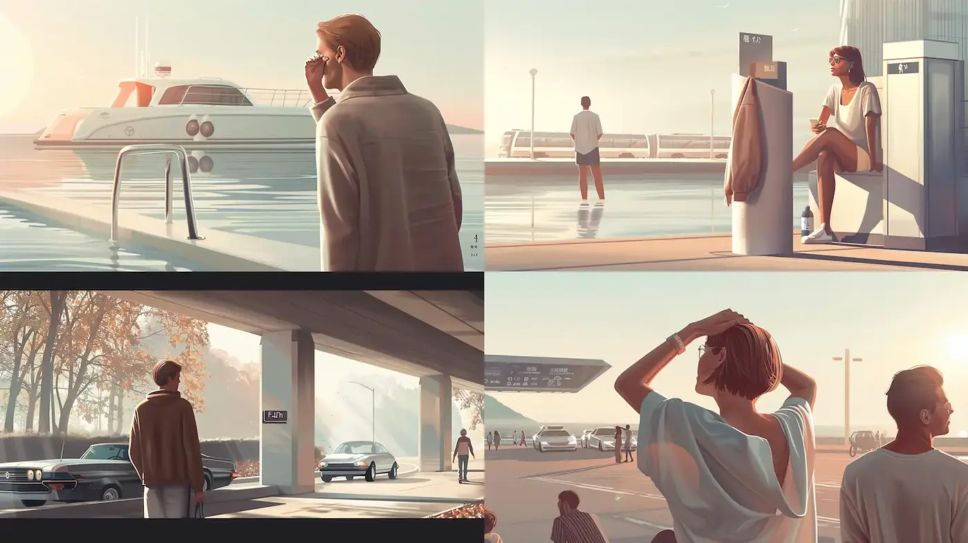 Sleek, evocative scenes infused with a warm, nostalgic atmosphere - Midjourney sref style