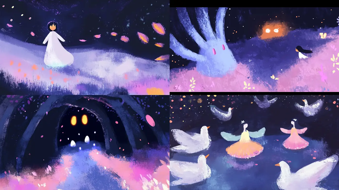 Enchanting Nocturnal Dreamscape with Whimsical Overtones - Midjourney sref style