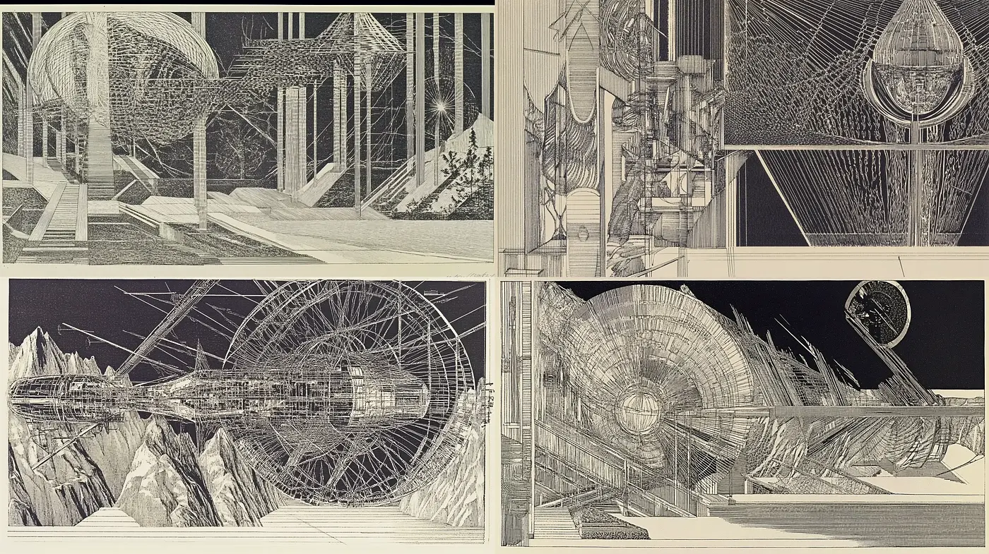 Monochromatic Technical Dreamscapes with Surreal Engineering Elements - Midjourney sref style
