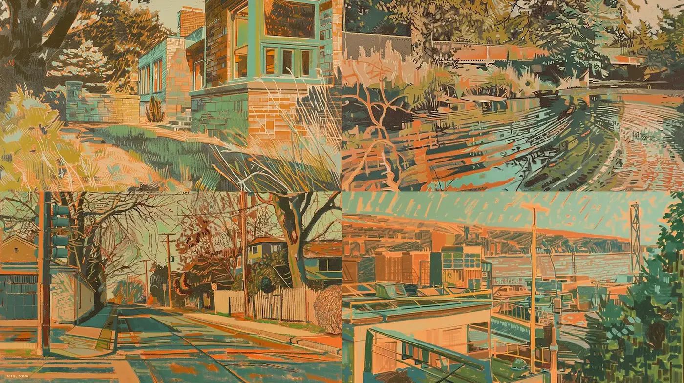 Vibrant and textured landscapes with a mid-century modern aesthetic - Midjourney sref style