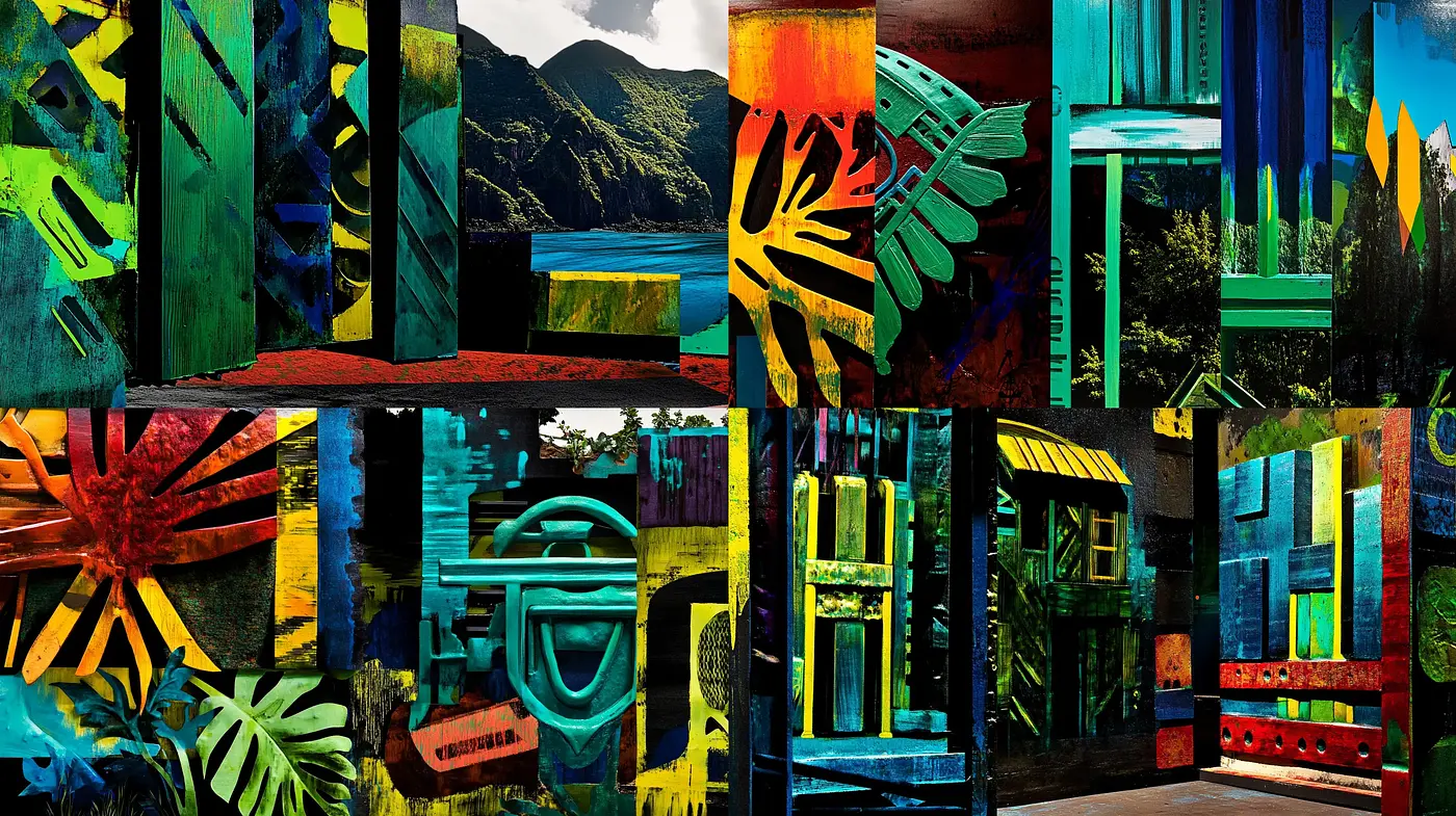 Tropical Abstraction: A Vivid Tapestry of Geometric Patterns and Lush Foliage - Midjourney sref style