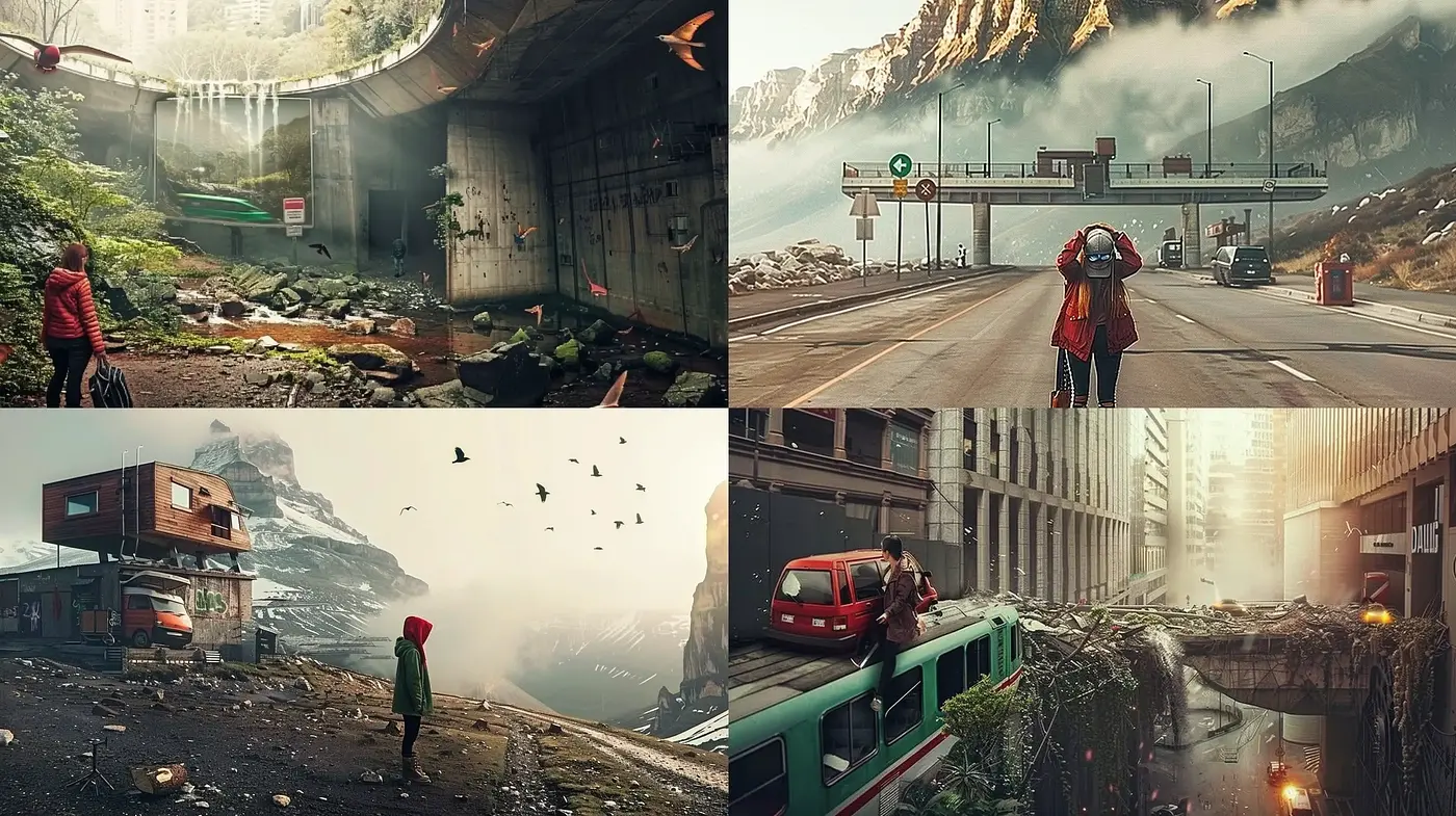 Post Apocalyptic Serenity: A Study in Contrasting Environments and Solitude - Midjourney sref style
