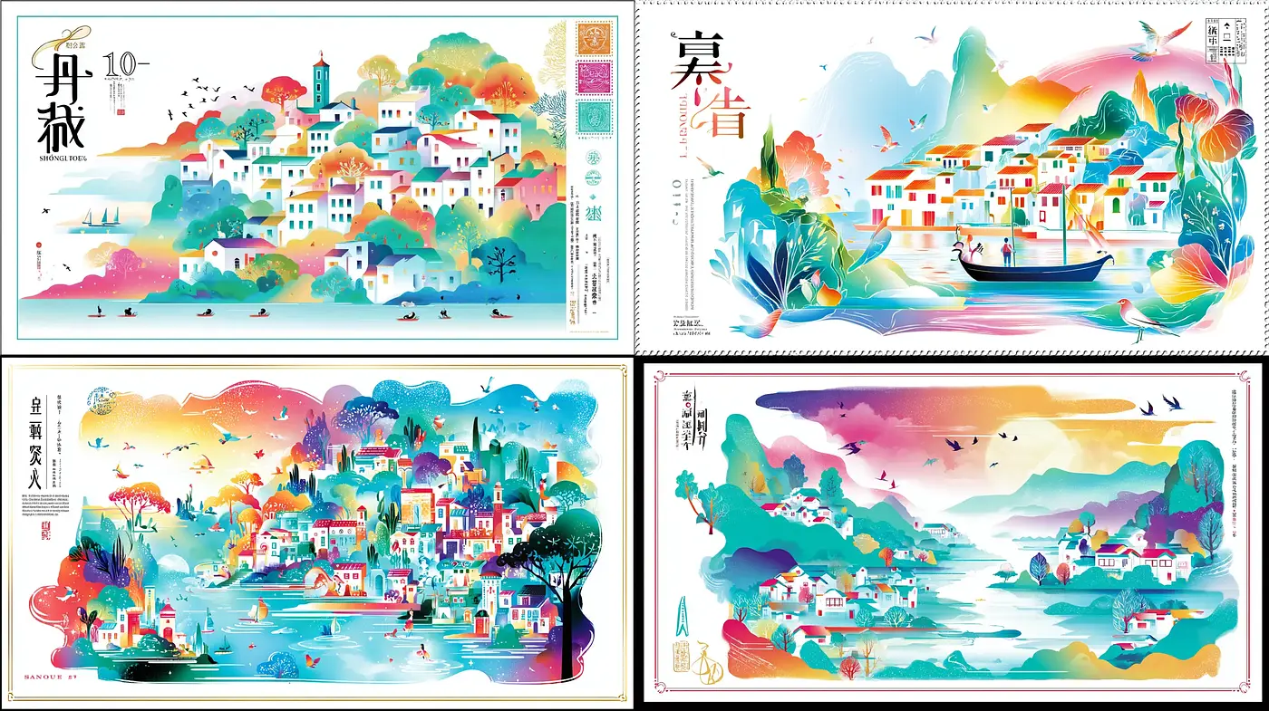 Vibrant watercolor landscapes evoking serenity and joy - Midjourney sref style