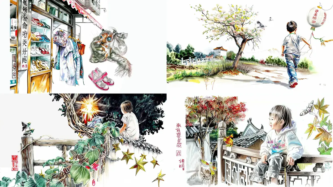 Whimsical yet serene watercolor landscapes and vignettes of childhood - Midjourney sref style
