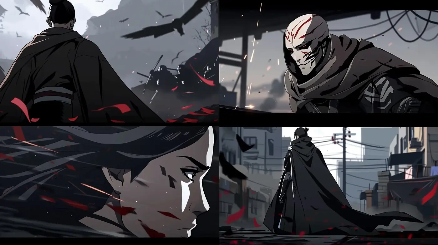 Gritty Noir-Inspired Anime Aesthetic with Splashes of Red - Midjourney sref style
