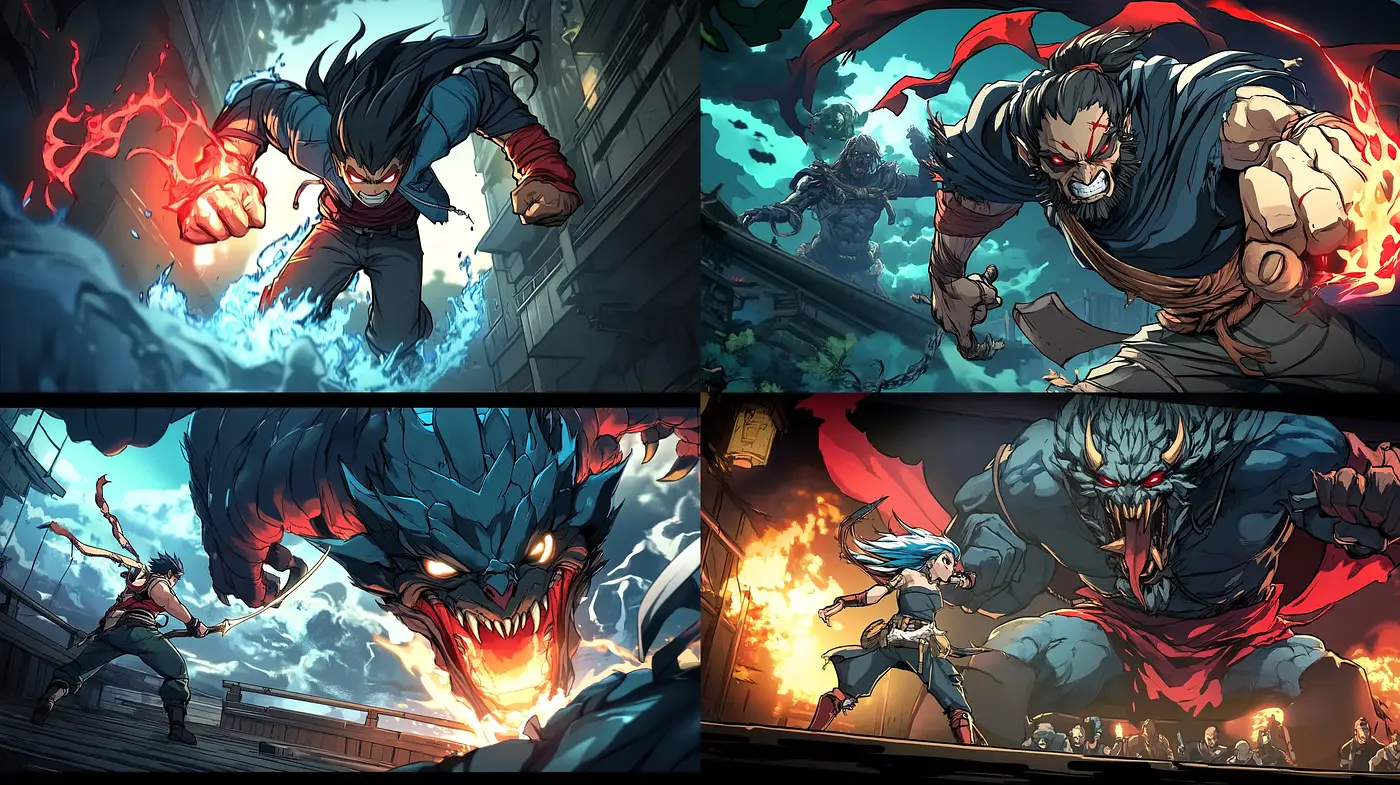 Dynamic Action-Packed Anime-Influenced Illustrations - Midjourney sref style