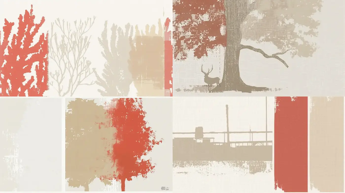 Nature-inspired minimalist collage with soft tones and organic shapes - Midjourney sref style